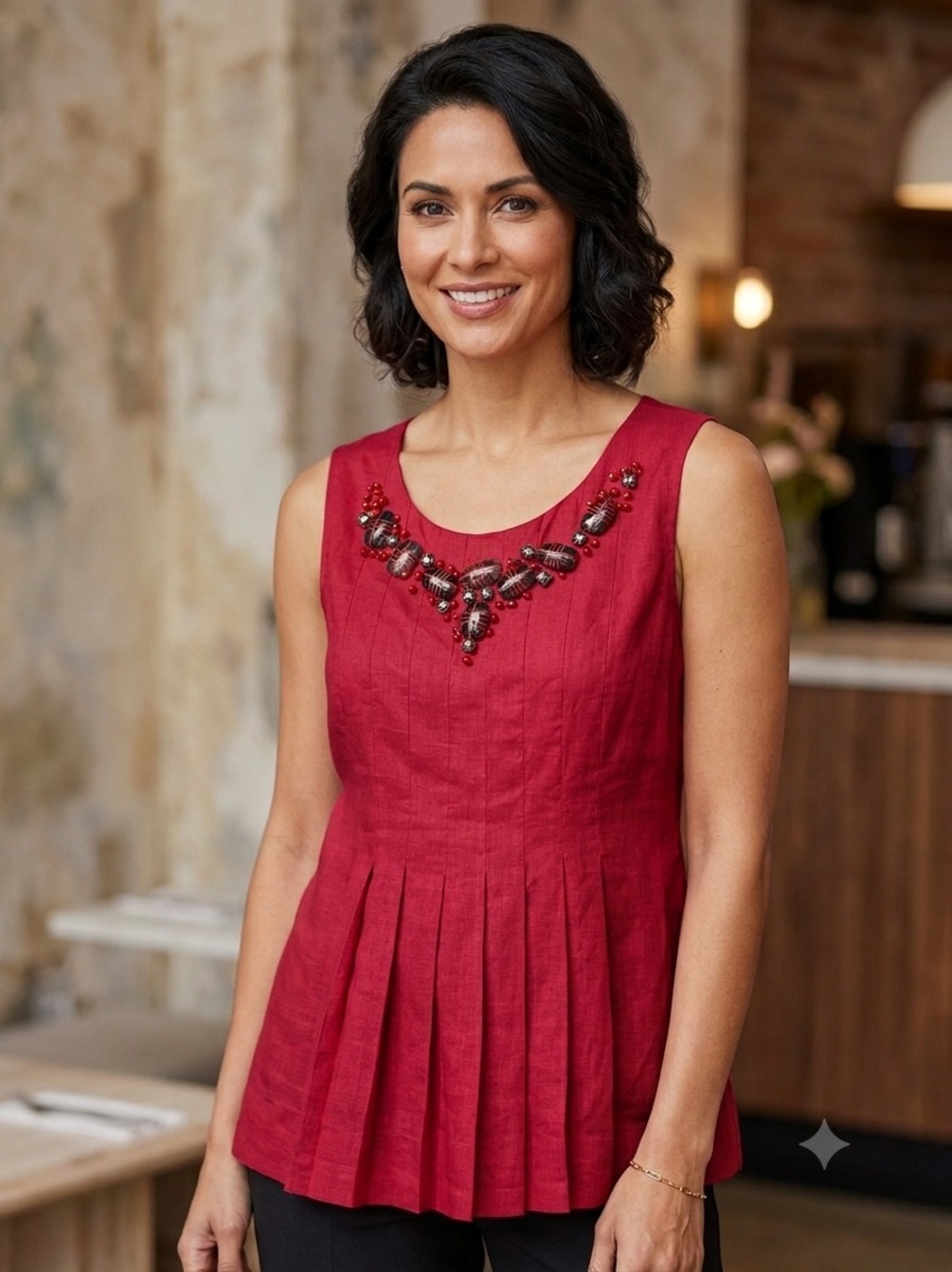 Robert Rodriguez Red Sleeveless Pleated & Statement Neckline Detail Top Size 6
